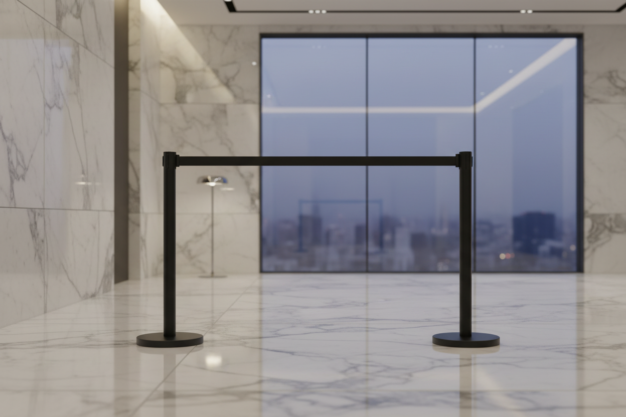Visiontron G4 Retracta-Belt Stanchions in elegant venue setting